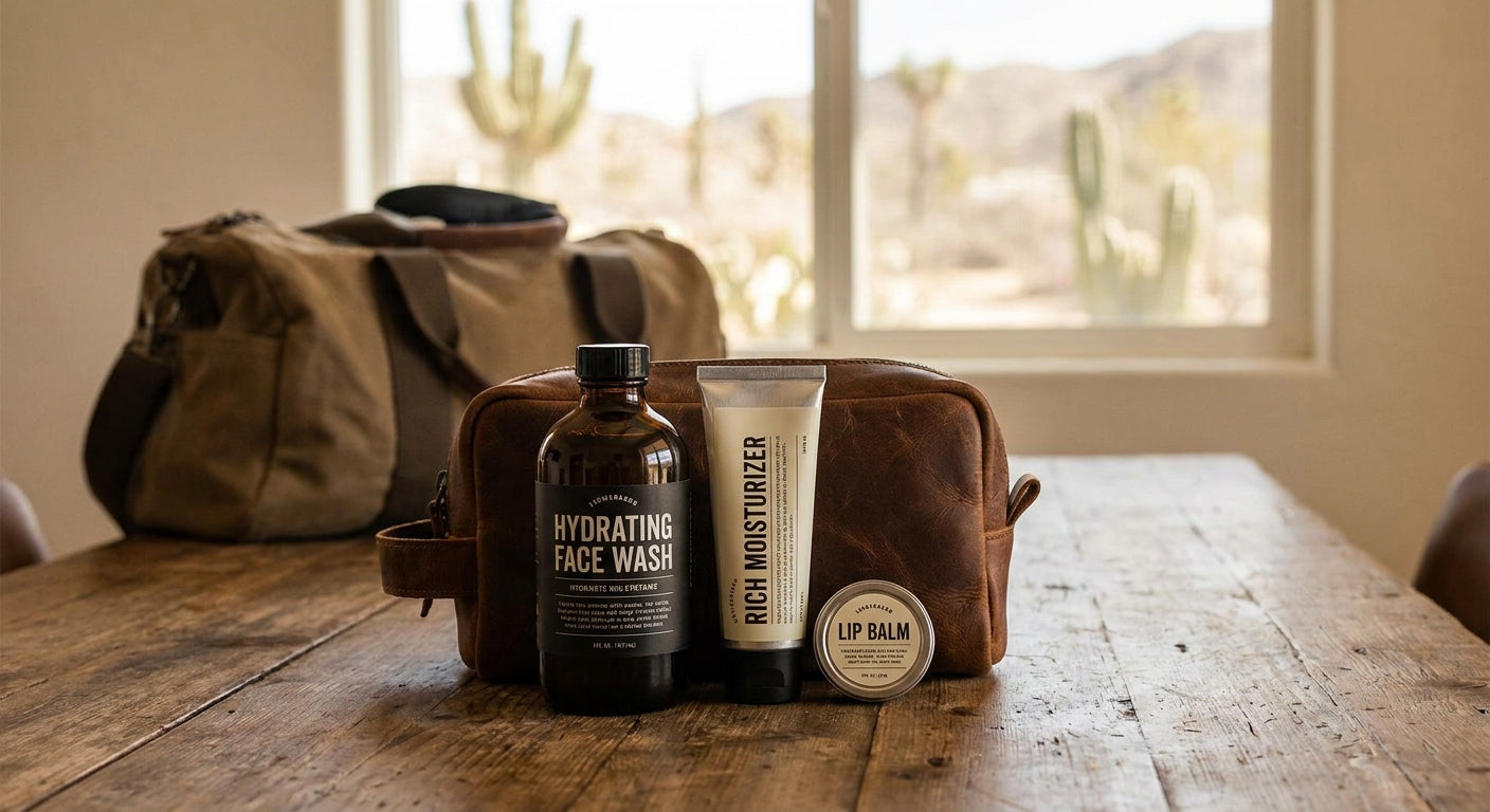 Skincare set for men moving to a much drier climate