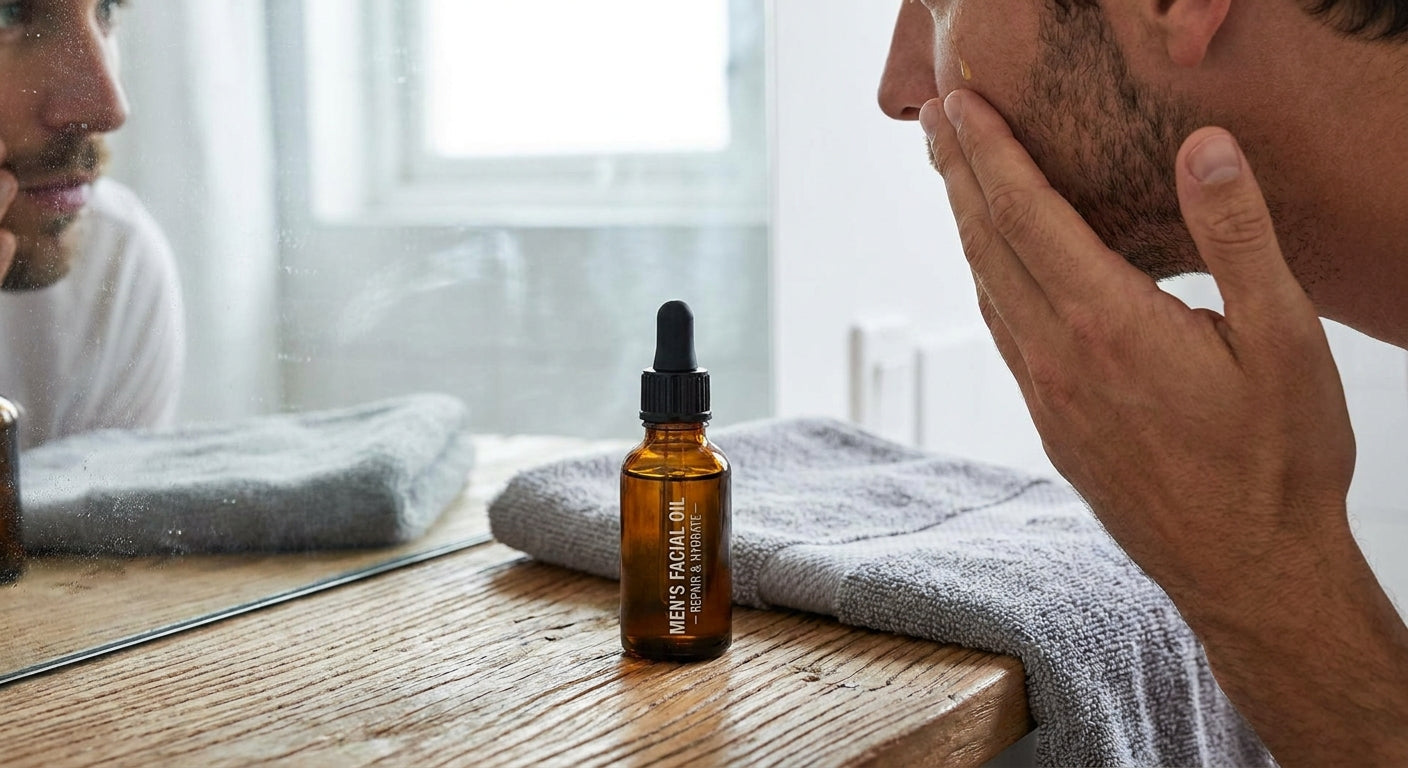 Facial oil for men with skin damaged by frequent hot showers